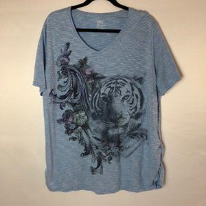 Blue & White Striped Glitter Tiger V Neck SZ 3X